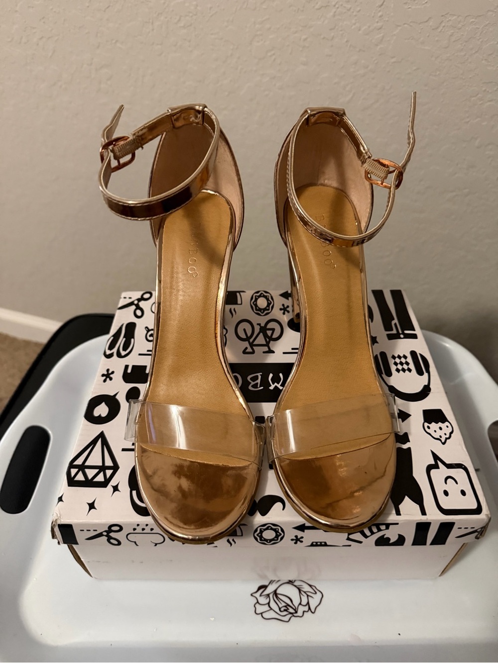 BAMBOO Gold Metallic Block Heel Sandals with Clear Toe Strap Rose Gold-Clear
